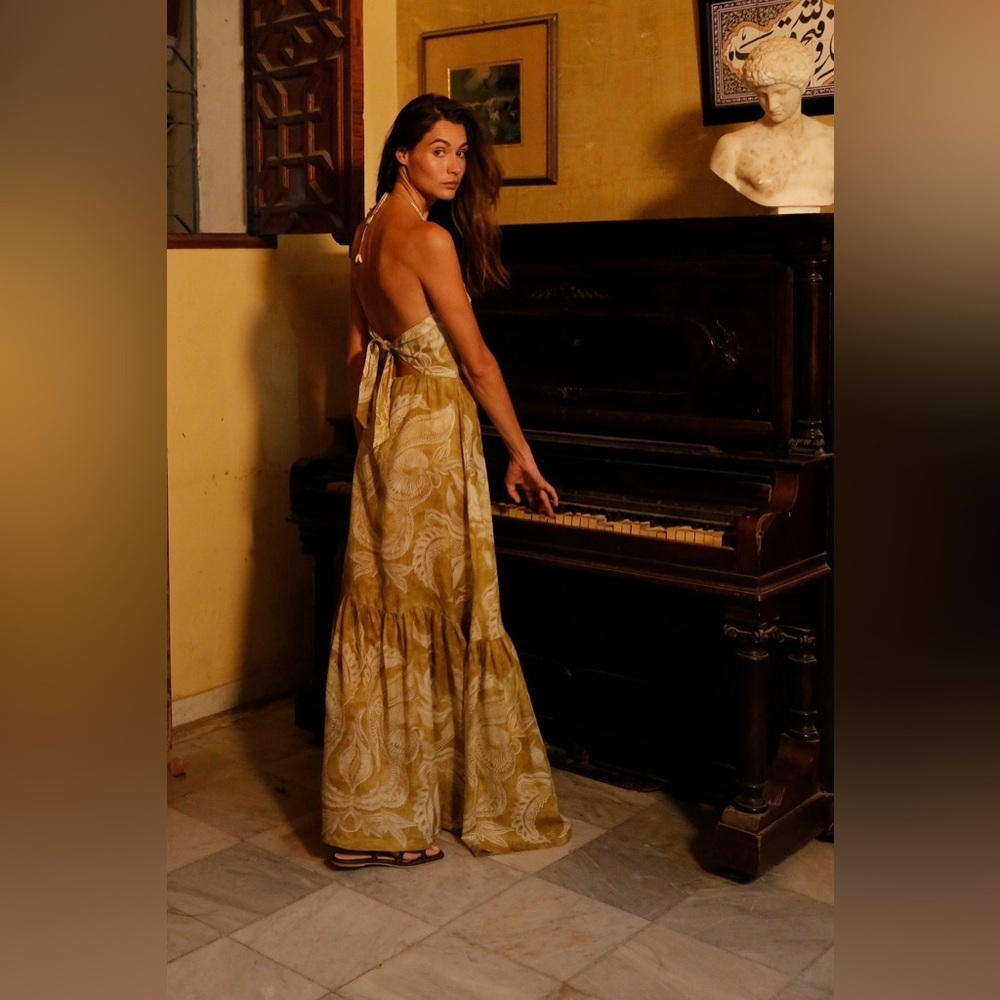NWT BEATRIZ CAMACHO SoHo Halter Maxi Dress in Mustard Marmol size 8 - Picture 5 of 12